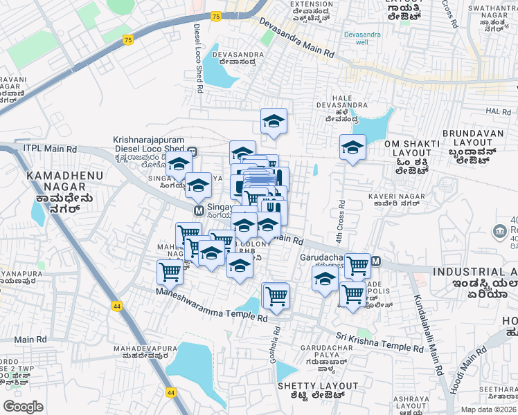 map of restaurants, bars, coffee shops, grocery stores, and more near Whitefield Road in Bengaluru