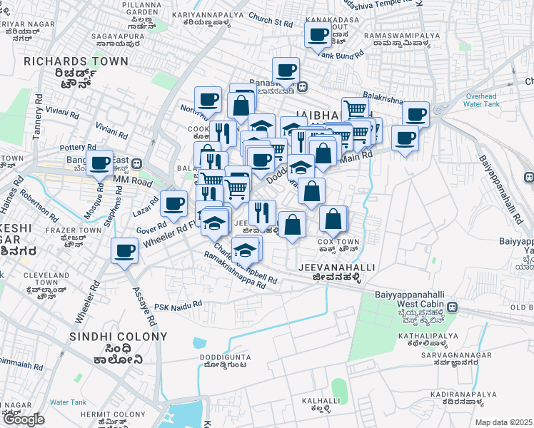 map of restaurants, bars, coffee shops, grocery stores, and more near 2 Dodda Banaswadi Main Road in Bengaluru