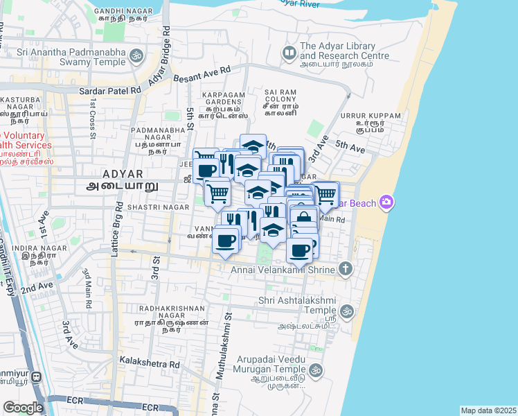 map of restaurants, bars, coffee shops, grocery stores, and more near 1st Main Road in Chennai
