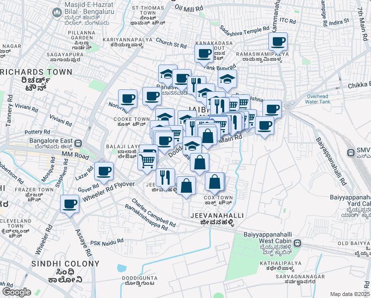 map of restaurants, bars, coffee shops, grocery stores, and more near 2 Dodda Banaswadi Main Road in Bengaluru