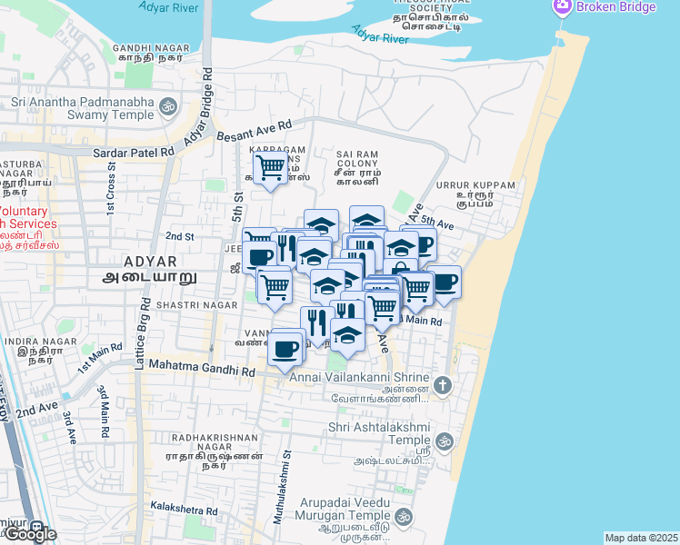 map of restaurants, bars, coffee shops, grocery stores, and more near 1st Cross Street in Chennai