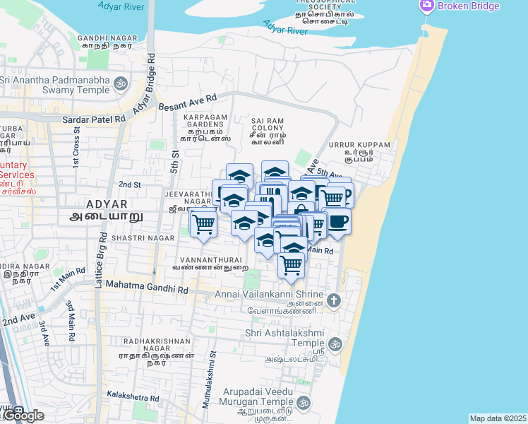 map of restaurants, bars, coffee shops, grocery stores, and more near 1st Cross Street in Chennai