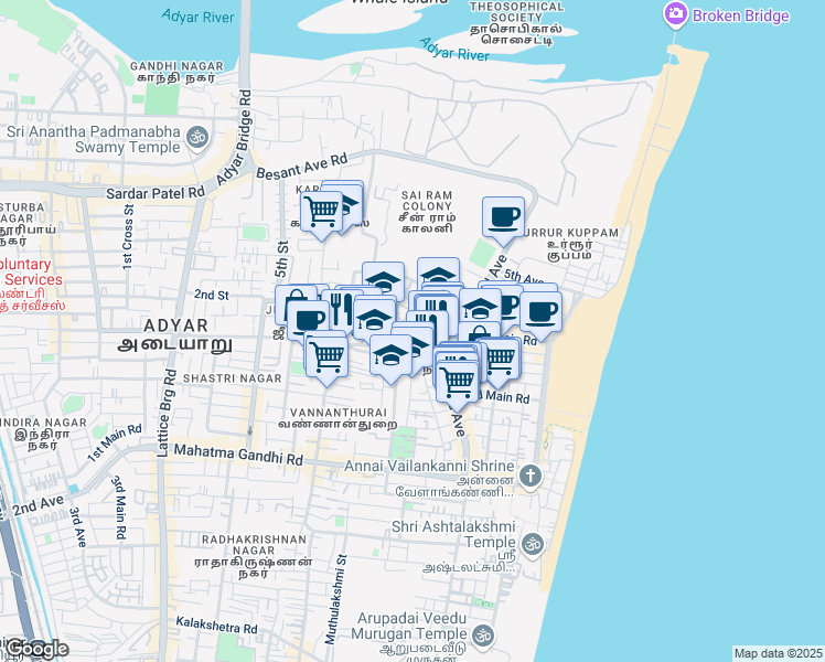 map of restaurants, bars, coffee shops, grocery stores, and more near 1st Cross Street in Chennai