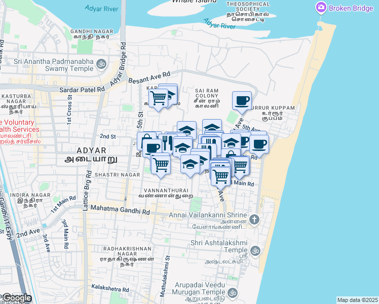 map of restaurants, bars, coffee shops, grocery stores, and more near 1st Cross Street in Chennai