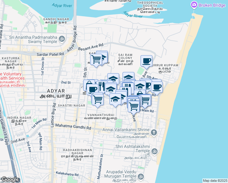 map of restaurants, bars, coffee shops, grocery stores, and more near 1st Cross Street in Chennai