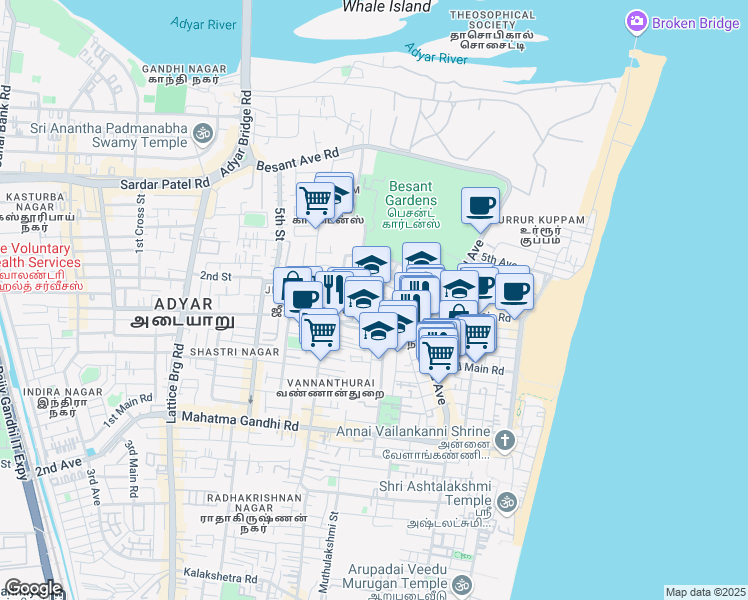 map of restaurants, bars, coffee shops, grocery stores, and more near 1st Cross Street in Chennai
