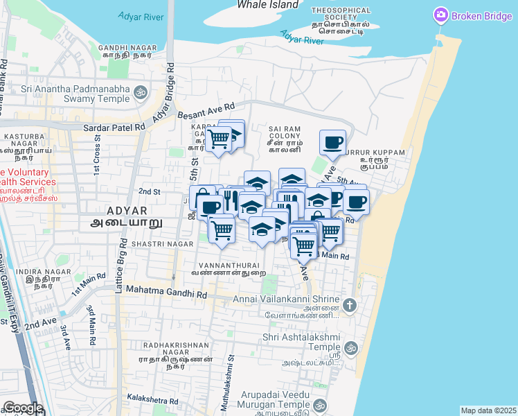 map of restaurants, bars, coffee shops, grocery stores, and more near 1st Cross Street in Chennai