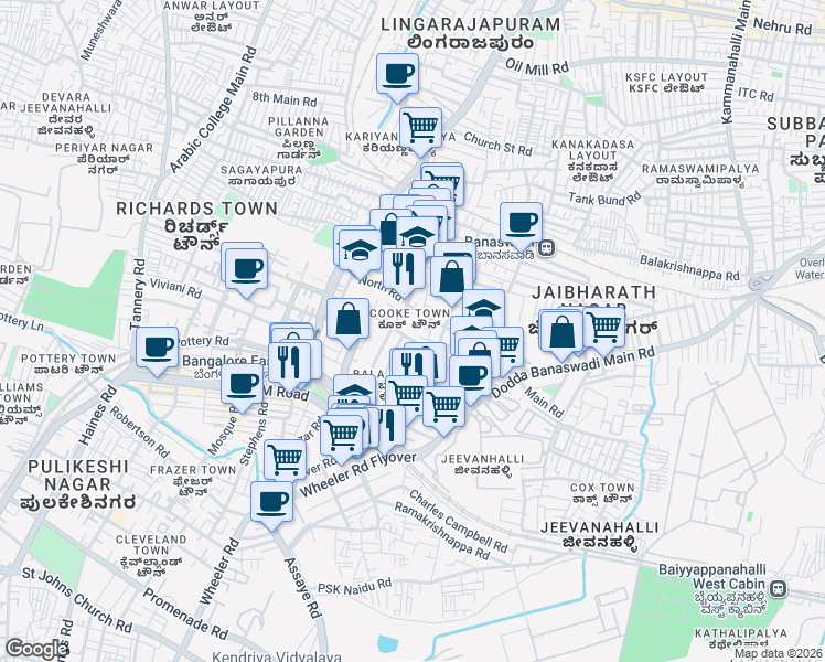 map of restaurants, bars, coffee shops, grocery stores, and more near 38-4 Davis Road in Bengaluru