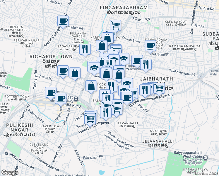 map of restaurants, bars, coffee shops, grocery stores, and more near 38-4 Davis Road in Bengaluru