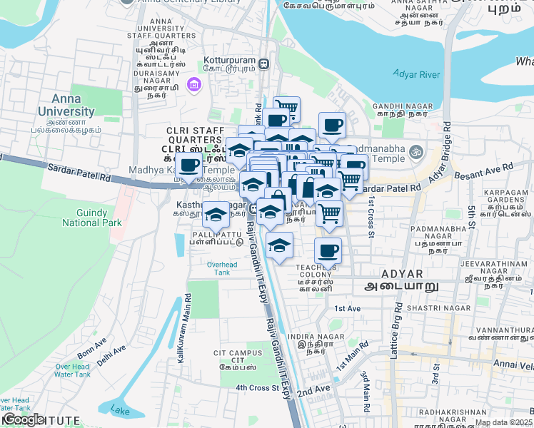 map of restaurants, bars, coffee shops, grocery stores, and more near Canal Bank Road in Chennai