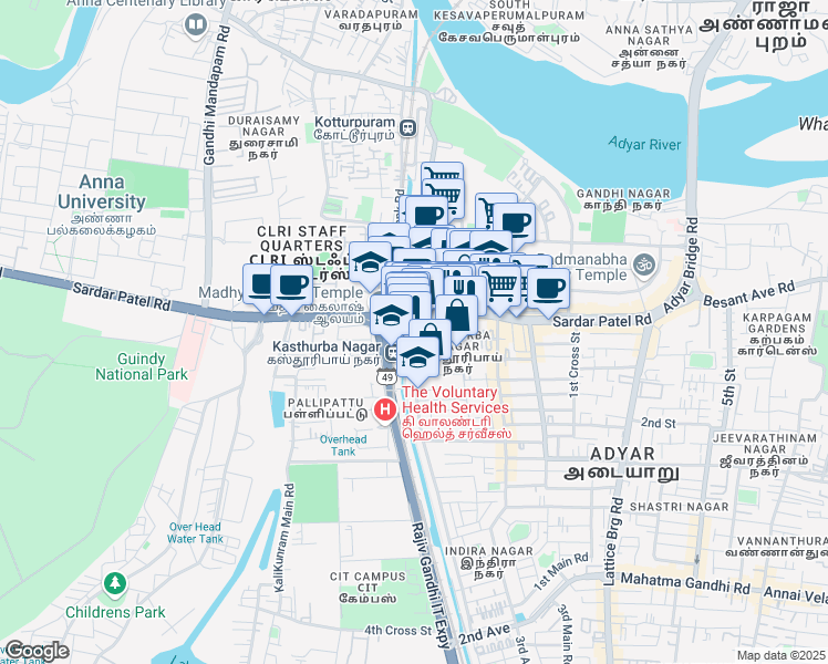 map of restaurants, bars, coffee shops, grocery stores, and more near Canal Bank Road in Chennai