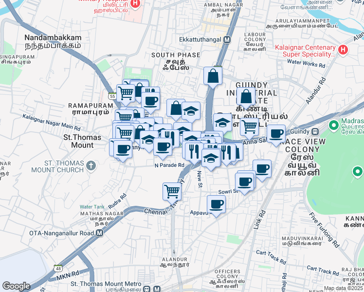 map of restaurants, bars, coffee shops, grocery stores, and more near 7 Mount Poonamalle High Road in Chennai
