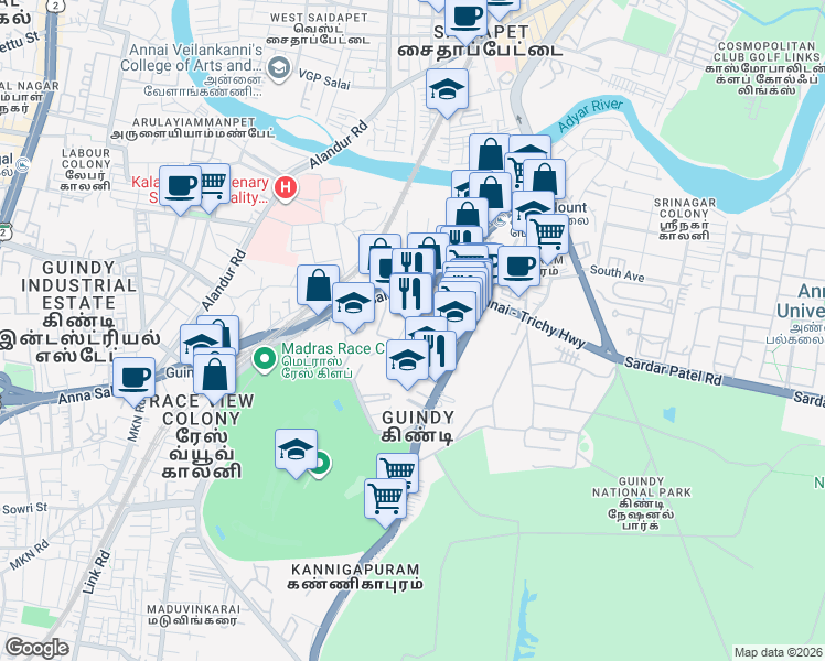 map of restaurants, bars, coffee shops, grocery stores, and more near 63 Anna Salai in Chennai