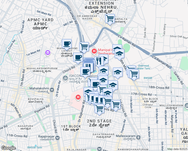 map of restaurants, bars, coffee shops, grocery stores, and more near Doctor Rajkumar Road in Bengaluru