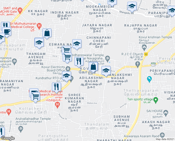 map of restaurants, bars, coffee shops, grocery stores, and more near in Chennai