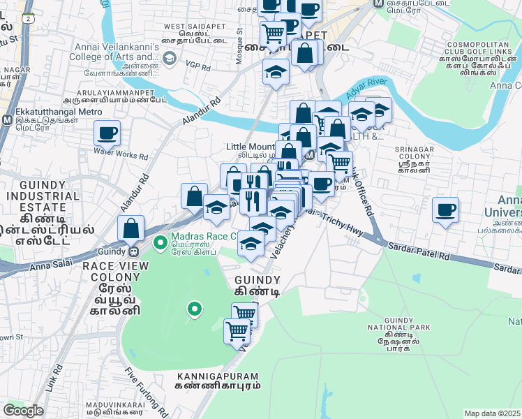 map of restaurants, bars, coffee shops, grocery stores, and more near 63 Anna Salai in Chennai