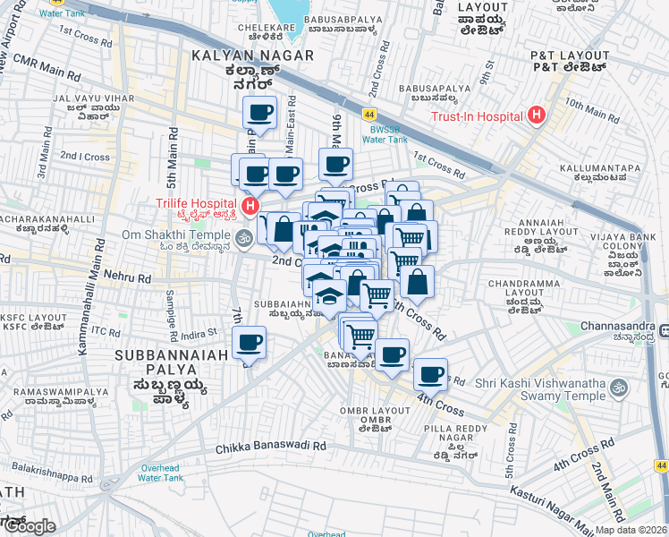 map of restaurants, bars, coffee shops, grocery stores, and more near 457 2nd Cross Road in Bengaluru