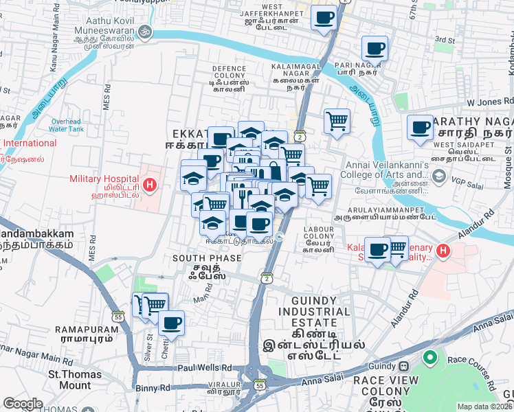 map of restaurants, bars, coffee shops, grocery stores, and more near Veeramamunivar Street in Chennai