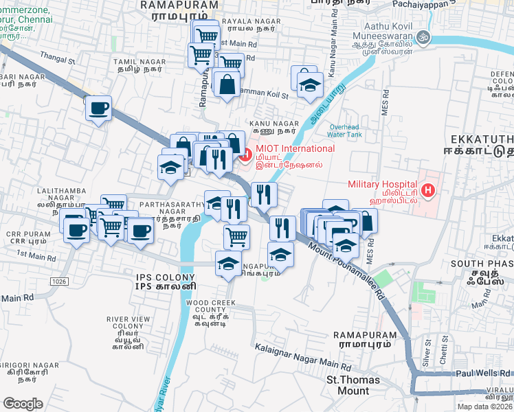 map of restaurants, bars, coffee shops, grocery stores, and more near Mount Poonamallee Road in Chennai