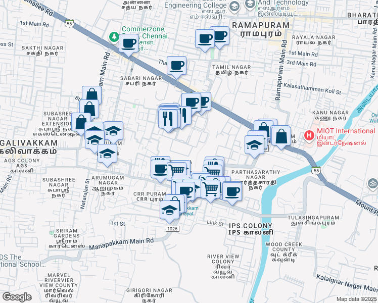 map of restaurants, bars, coffee shops, grocery stores, and more near 1/124 DLF IT Park Road in Ramapuram