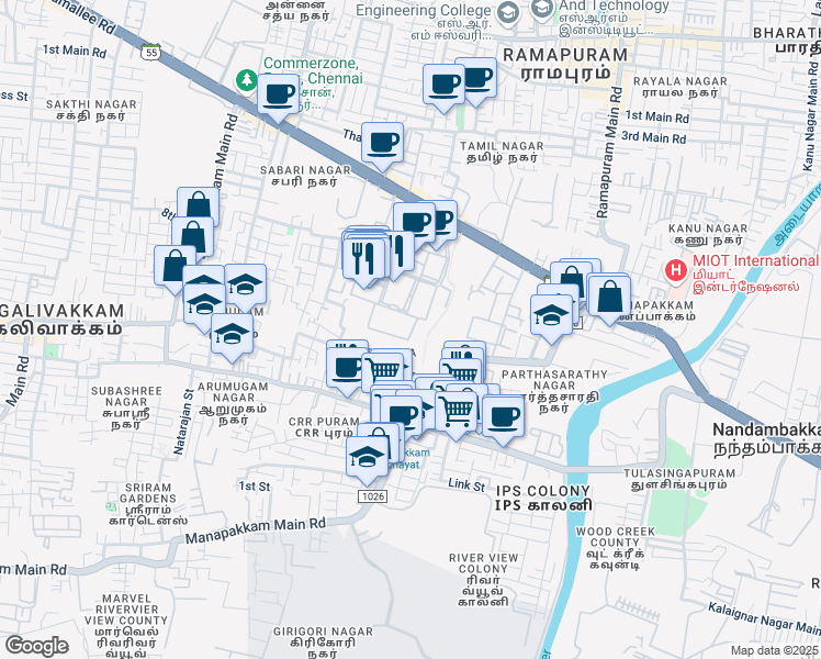 map of restaurants, bars, coffee shops, grocery stores, and more near 1/124 DLF IT Park Road in Ramapuram