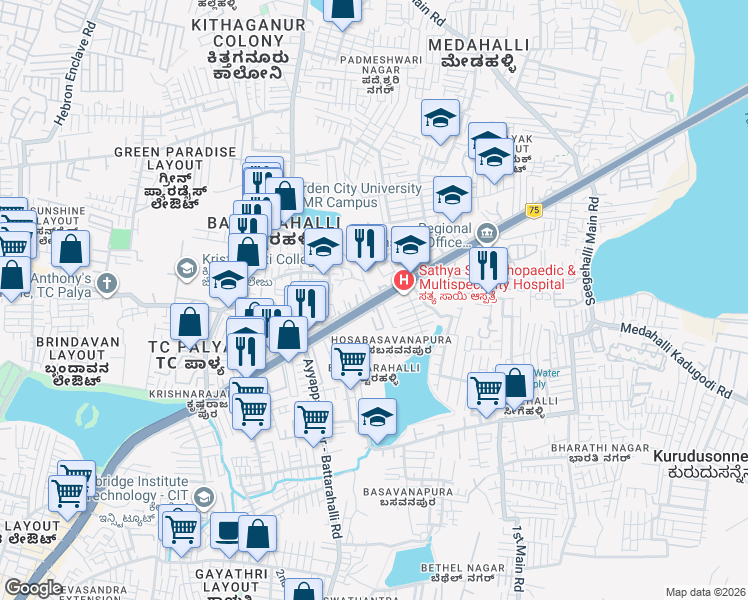 map of restaurants, bars, coffee shops, grocery stores, and more near Old Madras Road in Bengaluru