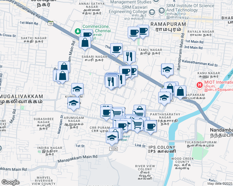 map of restaurants, bars, coffee shops, grocery stores, and more near 124 Mount Poonamallee Road in Chennai