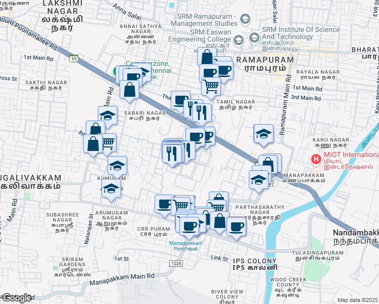 map of restaurants, bars, coffee shops, grocery stores, and more near 1/124 DLF IT Park Road in Ramapuram