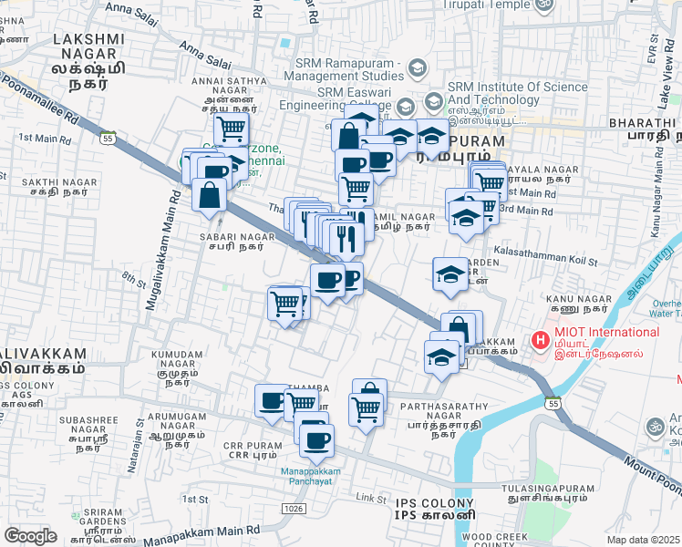 map of restaurants, bars, coffee shops, grocery stores, and more near Mount Poonamallee Road in Chennai