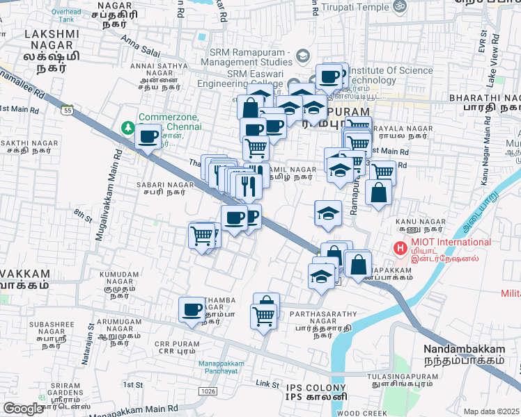 map of restaurants, bars, coffee shops, grocery stores, and more near 1 Shanthi Nagar Main Road in Chennai