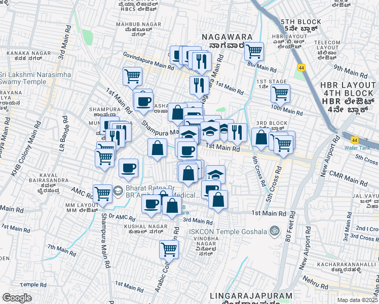 map of restaurants, bars, coffee shops, grocery stores, and more near in Bengaluru
