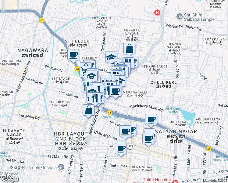 map of restaurants, bars, coffee shops, grocery stores, and more near Hennur Bagalur Road in Bangalore