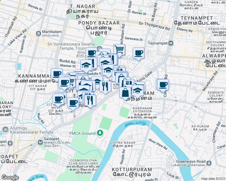 map of restaurants, bars, coffee shops, grocery stores, and more near 477-482 Anna Salai in Chennai