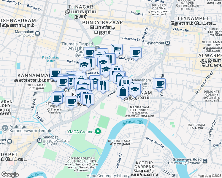 map of restaurants, bars, coffee shops, grocery stores, and more near 477-482 Anna Salai in Chennai