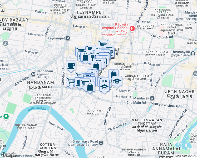 map of restaurants, bars, coffee shops, grocery stores, and more near Mowbrays Road in Chennai