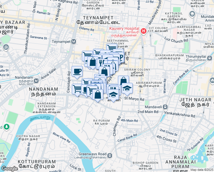 map of restaurants, bars, coffee shops, grocery stores, and more near Mowbrays Road in Chennai