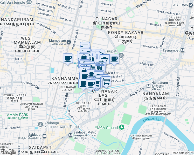 map of restaurants, bars, coffee shops, grocery stores, and more near 7-1-2 Sivaji Street in Chennai