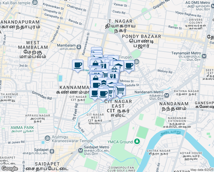 map of restaurants, bars, coffee shops, grocery stores, and more near 7-1-2 Sivaji Street in Chennai