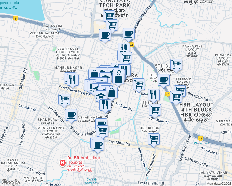 map of restaurants, bars, coffee shops, grocery stores, and more near Nagawara Main Road in Bengaluru