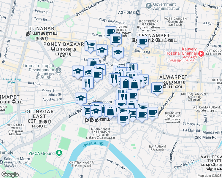 map of restaurants, bars, coffee shops, grocery stores, and more near 636 Anna Salai in Chennai