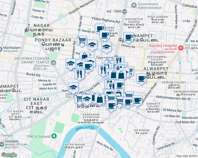 map of restaurants, bars, coffee shops, grocery stores, and more near 636 Anna Salai in Chennai