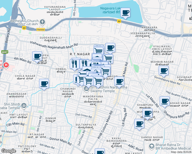 map of restaurants, bars, coffee shops, grocery stores, and more near 372 6th Main Road in Bengaluru