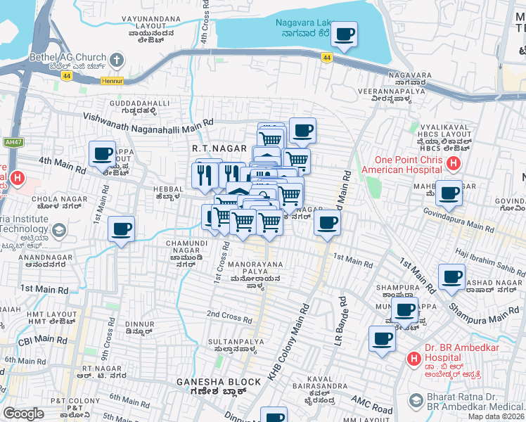 map of restaurants, bars, coffee shops, grocery stores, and more near 372 6th Main Road in Bengaluru