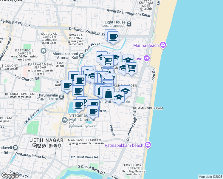 map of restaurants, bars, coffee shops, grocery stores, and more near 15/47 Papanasam Sivan Salai in Chennai