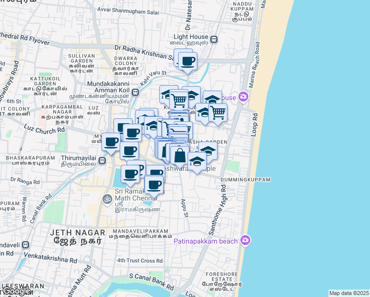 map of restaurants, bars, coffee shops, grocery stores, and more near 15/47 Papanasam Sivan Salai in Chennai