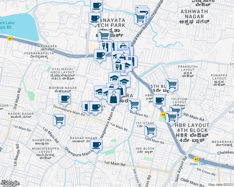 map of restaurants, bars, coffee shops, grocery stores, and more near Nagawara Main Road in Bengaluru
