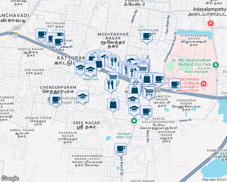 map of restaurants, bars, coffee shops, grocery stores, and more near 1st Cross Street in Chennai
