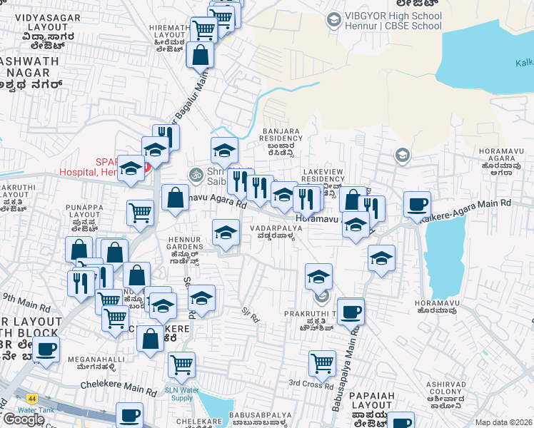 map of restaurants, bars, coffee shops, grocery stores, and more near 38 Horamavu Agara Road in Bengaluru