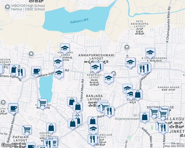 map of restaurants, bars, coffee shops, grocery stores, and more near Kalkere-Agara Main Road in Bengaluru