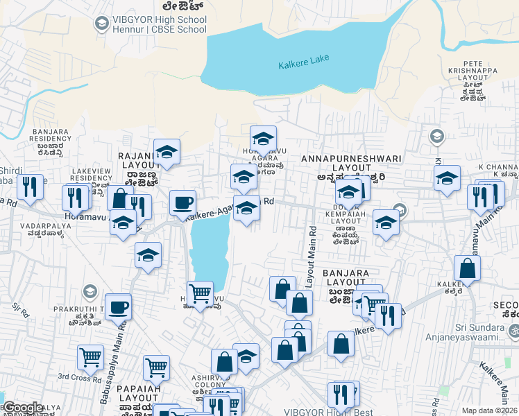 map of restaurants, bars, coffee shops, grocery stores, and more near Kalkere-Agara Main Road in Bengaluru